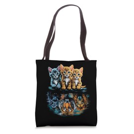 Cat showing three kittens in the mirror and there are lions Tote Bag