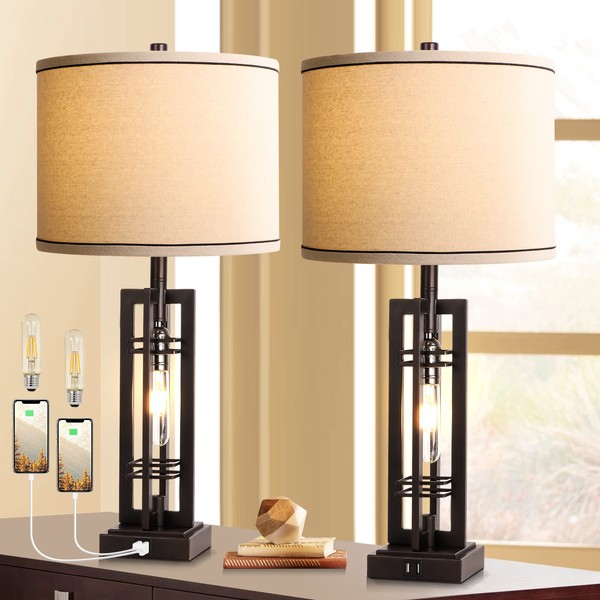ROTTOGOON Set of 2 Table Lamps with USB Ports, 27.5" Tall Farmhouse Table Lamp with 2 LED Nightlight Blubs, Bedside Lamp Oil Rubbed Bronze Off White Oatmeal Shade for Living Room Bedroom Home Office
