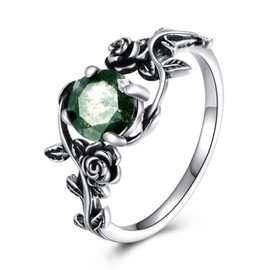 NIFUNAO Natural Moss Agate Ring 925 Sterling Silver Flower Ring Green Moss Agate Promise Ring Jewelry for Women