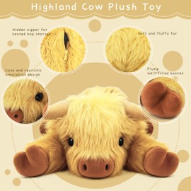 Highland Cow Plush Toy, 4-Pound Weighted Stuffed Animal, Microwaveable and Coolable - Suitable for Boys and Girls (Light Brown)