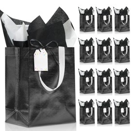 KeerxunBag Graduation Party Black Reusable Favor Bags - 12-Pack (10x4x8 Inch) Includes Ribbon, Cardstock, Labels & Black/White Tissue