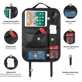 LUCMO Car Backseat Organizer with Tablet Holder,6 Storage Pockets Car Storage Organizer with Foldable Food Tray,Protectors Kick Mats Travel Accessories-Black