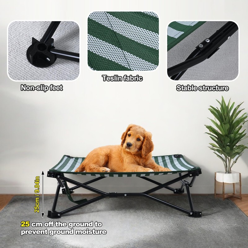 Cooling Elevated Dog Bed, Portable Dog Bed (Green+White, Medium)