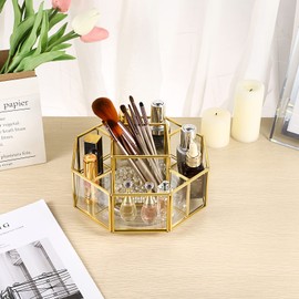 Hipiwe 360 Degree Rotating Glass Makeup Organizer- 5 Slots Gold Metal Cosmetic Storage Display Holder Octagon Dresser Bathroom Spinning Vanity Organizer For Makeup Brushes, Lipsticks, Perfume
