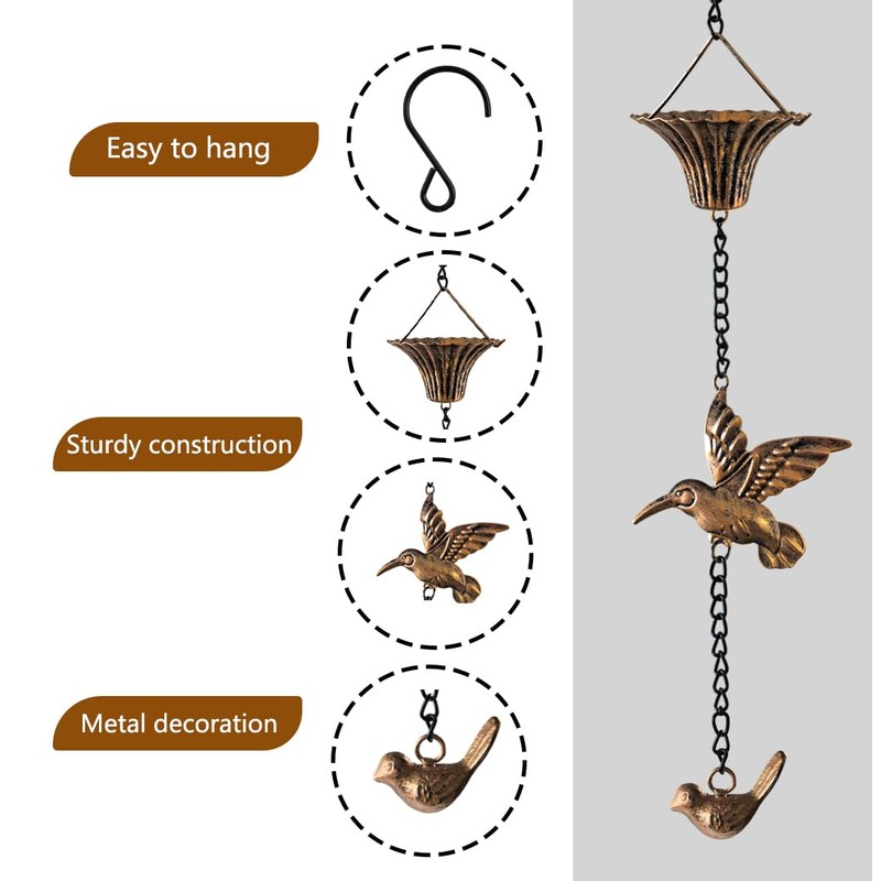 VICKEYWIN 8.5FT Hummingbird Cup Rain Chain, Decorative Metal Rain Catcher