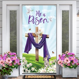 Arosche Easter Decorations Banner Happy Easter Door Cover 6x2.9 Ft He is Risen Religious Cross Bunny Lily Christian Hanging Background for Indoor Outdoor Church Home Door Party Supplies Garden Tree