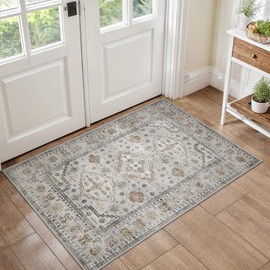 GENIMO Door Mat Small Vintage Rug Washable Rug Foldable Floral Print Thin Rugs Non Slip Carpet for Entryway Bathroom Bedroom,60x90CM,Beige