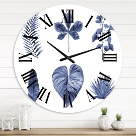 Designart 'Abstract Blue Set Of Plant Leaves' Traditional wall clock - 36 in. high, 36 In. Wide