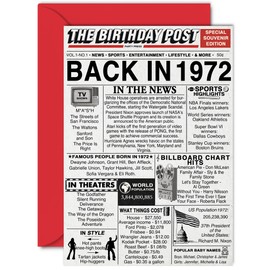 52nd Birthday Cards for Men Women - Back In 1972 Newspaper - 52 Happy Birthday Decorations Card for Her Him Dad Mom Husband Wife Uncle Aunt Vintage Retro Born In 1972, A5 Bday Anniversary Cards