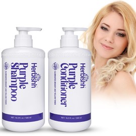 Set Shampoo y Acondicionador Morado Herbishh – Neutraliza Tonos Amarillos y Cobrizos | Para Cabello Rubio, Plateado y con Mechas | Hidratante y Nutritivo | Fórmula Vegana y Segura para el Color | 500 ml c/u