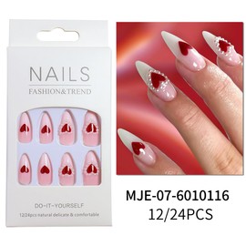 24Pcs Press on Nails Almond Glossy Full Cover Acrylic Pink White Gradient Medium False Nails with Red Heart Rhinestone Designs Artificial Nails Valentine's Day Fake Nails Stick on Nails for Women