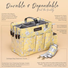 FifthStart Multiuse Cleaning Caddy with Waist & Shoulder Strap - Diaper Caddy - 9 Pockets & Easily Cleaned - Easy Clean Beach bag with Mesh Base & Adjustable Compartments (Yellow Floral, Small)