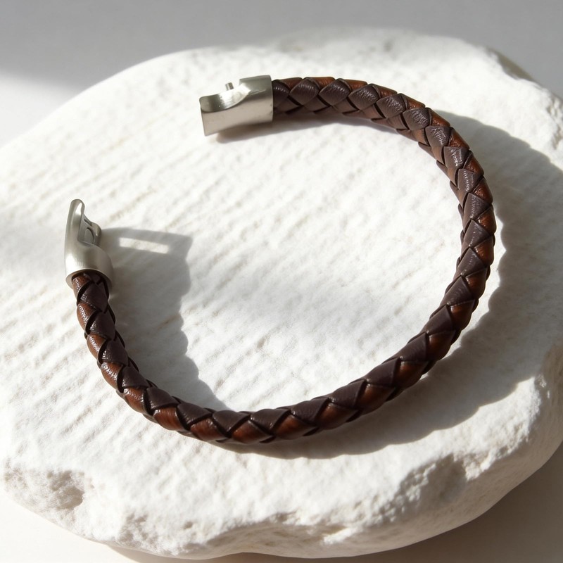 Silverso Men's Leather Bracelet with Stainless Steel Clasp，8.2" Brown Woven