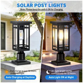 MYHXQ 14'' Outdoor Solar Post Light, Dusk to Dawn Solar Lamp Post Light, Black Lamp Posts Light Fixture, Waterproof Outdoor Pole Lights for Yard Garage Porch Patio, 1Pack (Included Mounting Base)