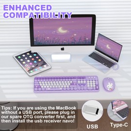 Wireless Keyboard and Mouse Combo, 106 Round Keys with OTG Adapter Full Size Cute Colorful Bunny Cute Design Wireless Typewriter for MacBook Windows Laptop Tablet Purple