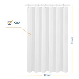 N&Y HOME Longer Shower Curtain Liner Fabric 72 x 75 inches, Hotel Quality, Washable, White Spa Bathroom Curtains with Grommets, 72x75