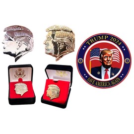 2 Pack of 2025 Silver/Gold Plated 1x1” Patriotic Trump Lapel Pins – Beautiful Display Cases and 1 Trump 4" Circular Vinyl Bumper Sticker