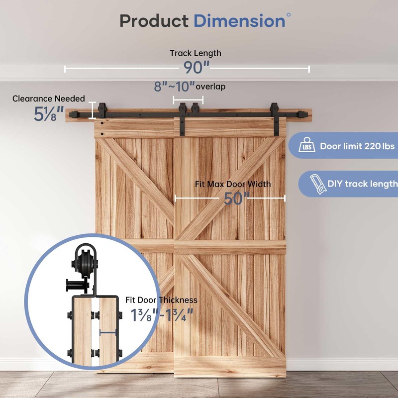 EaseLife 7.5FT Bypass Double Sliding Barn Door Hardware Kit,Single Track,