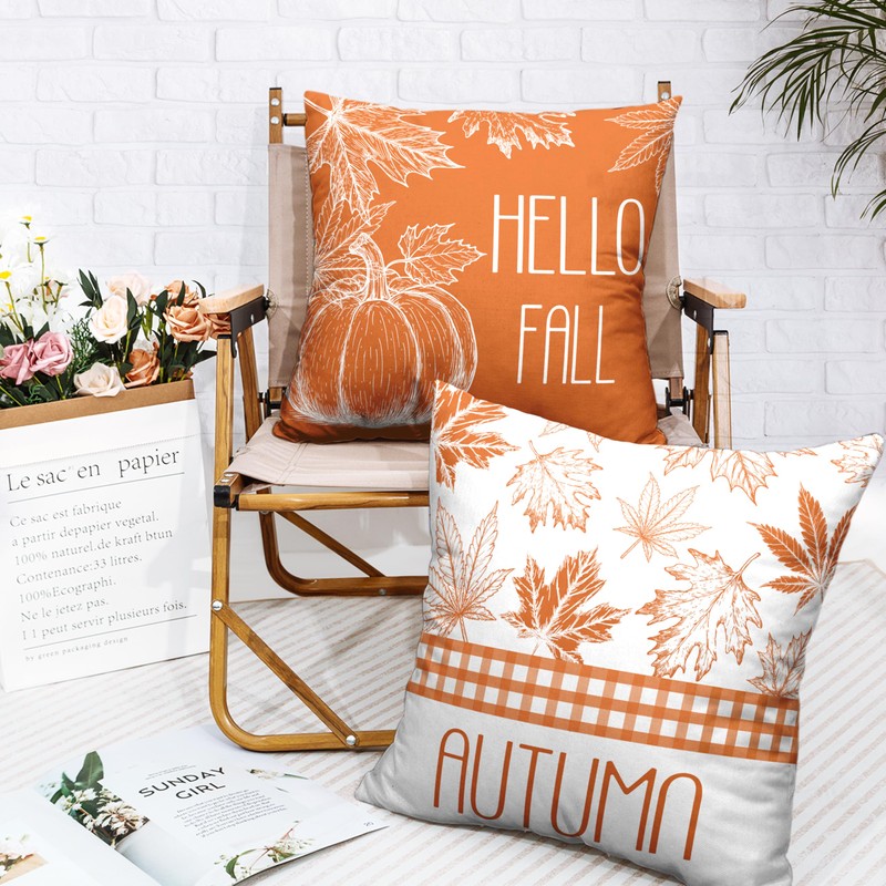 Kwlegh Hello Fall Pillow Covers Burnt Orange Maple Leaves Pumpkin
