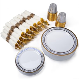 MONEST 350Pcs Blue and Gold Plastic Silverware Set for 50 Guests, Disposable Dinnerware Set includes: 50 Pre Rolled Napkins with Utensils, 50 Dinner Plates, 50 Dessert Plates, 50 Cups (Royal Sapphire)