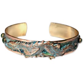 Elaine Coyne Collectible Artwear Verdigris Patina Brass Dragon Narrow Cuff Bracelet - Nephrite Jade