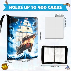 4 Pocket Pirate Ship Trading Card Binder 400 Pockets Trading Cards Collection Album Portable Waterproof Card Storage Bag with Zipper Hand Carrying Rope for Men Boys Teens Anime Game Sports Cards