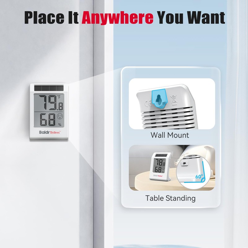 BaldrTherm 2.2'' Digital Thermometer and Hygrometer Meter, Solar-Powered Indoor Temperature