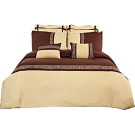 sheetsnthings Embroidered Astrid 100-Percent Microfiber, 7PC King/Cal-King Duvet Cover Set, Gold with Chocolate