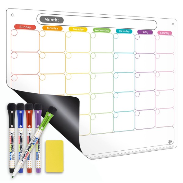 Dry Erase Calendar Kit- Magnetic Calendar for Refrigerator - Monthly Fridge Calendar Whiteboard with Extra-Thick Magnet Included Fine Point Marker & Eraser & Holes for Wall Hanging