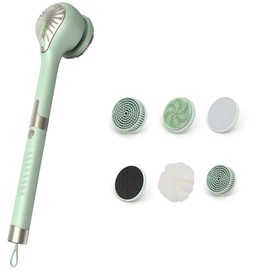 Electric Body Brush, 6in1 Back Scrubber for Shower with 3 Speed, IPX7 Waterproof Silicone Bath Scrubber, Rechargeable Electric Spin Scrubber, Cordless Bath Brush for Clean Exfoliate Massage (Green)