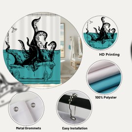 Longan Craft Cool Octopus Shower Curtain Funny Kraken in The Bathtub Shower Curtain for Bathroom 72x72 Inch Waterproof Fabric Bathroom Curtain with 12 Hooks Ocean Sea Teal Bath Curtain Bathtub Decor