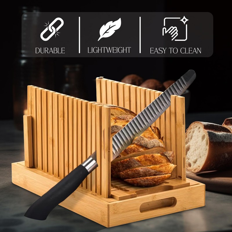 Bamboo Bread Slicer with High-Grade Stainless Steel Knife – Adjustable