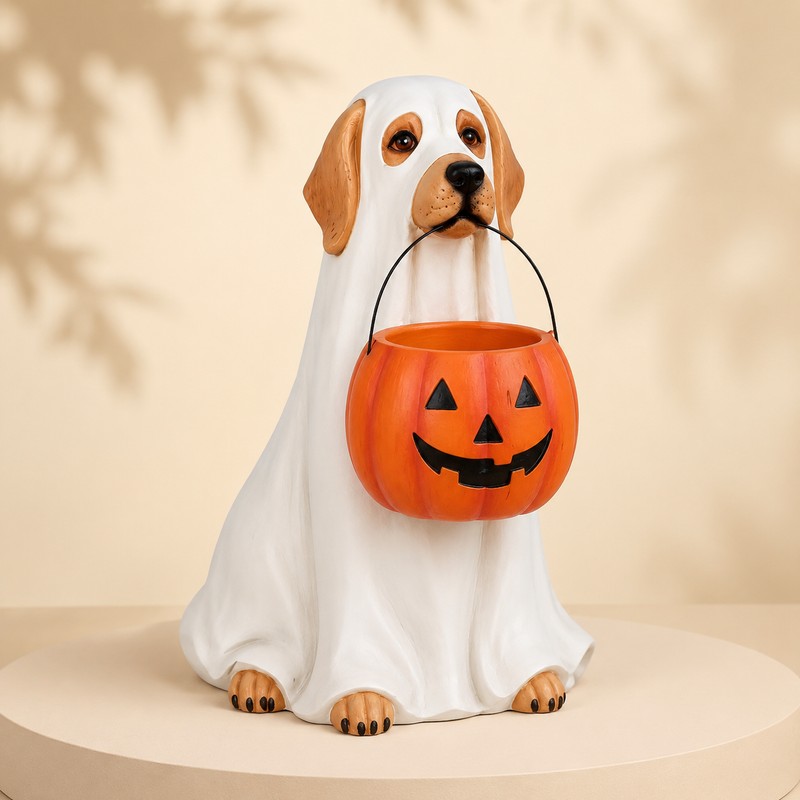 Halloween Ghost Dog Pumpkin Resin Figurine Hand-Painted Outdoor Indoor Holiday