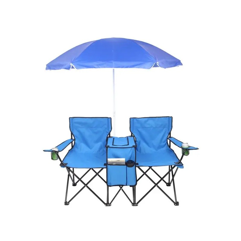 Portable Outdoor Blue 2-Seater Folding Chair with Removable Sun UmbrellaColor: