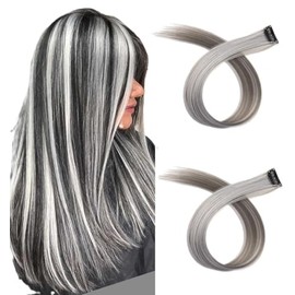 2 x Clip-In Hair Extension Highlights Streaks, Colourful Hair Highlights (Ombre Dark Grey/White)