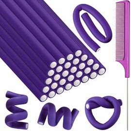 Syhood 30 Pcs 7'' Flexible Curling Rods Twist Foam Hair Rollers Soft Foam No Heat Hair Rods Rollers and 1 Steel Pintail Comb Rat Tail Comb for Women Long Short Hair(Purple,7 x 0.39 Inch)