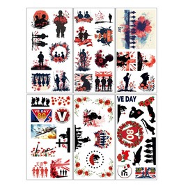 2025 VE Day 80th Anniversary Window Sticker for Cars Decoration 6 Sheets 48Pcs Remembrance Poppy Gifts Memorabilia
