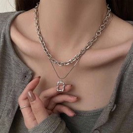 Allereya Vintage Layered Square Pendant Necklace Hammered Square Necklace Hollow Square Choker Necklace Silver Chunky Necklace Jewellery for Women and Girls (Silver)