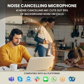 ClearCall 70 - Bluetooth Headphones with Microphone for Work - Removable Boom Mic - Over Ear Office Wireless Headsets for Computer, Wireless Headphones Mic, Bluetooth Headset with Microphone for PC