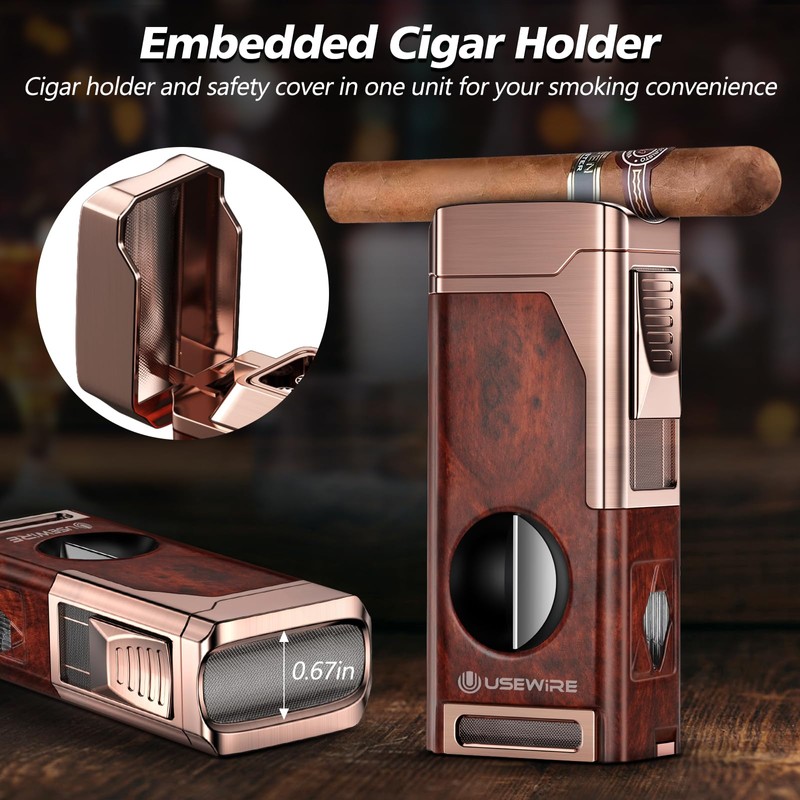 USEWIRE Cigar Lighter, Multifunctional Lighter with V-Cigar Cutter, Cigar Holder,