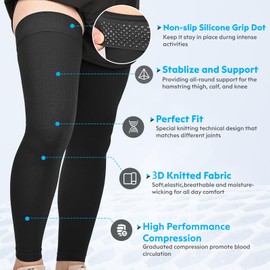 KEKING Full Leg Compression Sleeves, Unisex, Thigh High Compression Stocking 20-30mmHg Graduated Support for Thigh Calf Knee, Running, Basketball, Reduce Varicose Veins and Swelling, All Black XXL