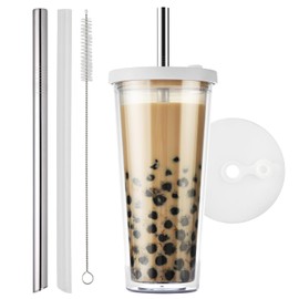 ALINK Bubble Tea Cup, Drinking Cup with Lid and Straw, Leakproof Clear Plastic Bubble Tea Tumbler, Double Wall Insulated Smoothie Tumbler, 680 ml