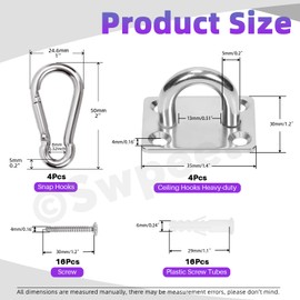Swpeet 40 Pcs M5 Premium Heavy Duty Square Stainless Steel Screw Hooks Kit with Pad Eye Hooks, Snap Hook, Screws with Plastic Expansion Tube, Ceiling Hook for Outdoor Indoor Activity