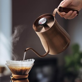 Navaris Kettle for Coffee Preparation - 1 Litre Gooseneck Kettle with Thermometer - with Long Spout and Wooden Handle - Copper Design