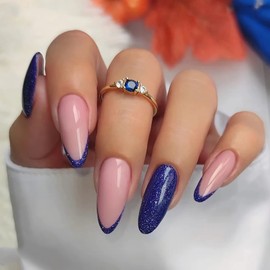 BABALAL Almond Press on Nails Medium Fake Nails Blue Glue on Nails French Tip Acrylic Nails 24Pcs Stiletto Stick on Nails Bling Nails