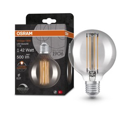 OSRAM Lamps Vintage 1906 LED Lamp with Smoke Tint, 11 W, 500 lm, Spherical Shape with 80 mm Diameter and E27 Base, Warm White Light Colour, Straight Filament, Dimmable, up to 15,000 Pieces Lifespan,