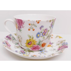 Rainbow Decors Oriental Garden Cup and Saucer Fine Bone China Breakfast Jumbo 15 oz Vintage Floral Flowers Set Hand Decorated in UK