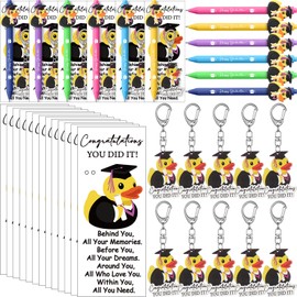 Sinload 12 Sets Graduation Gifts Bulk Graduation Pens End of Year Student Duck Pens Duck Keychain Greeting Cards Diploma Gifts for University College Middle High School Graduate Party