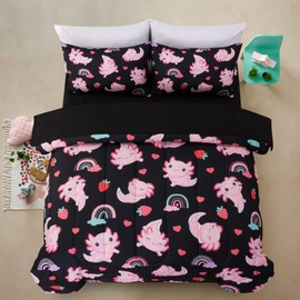 A Nice Night Animal Comforter Axolotl Salamander Printed on Black Bedding Set, 5Pcs Bed in A Bag Twin Size Comforter Set for Kids Boys Ultra Soft with Pillowcase (Black)