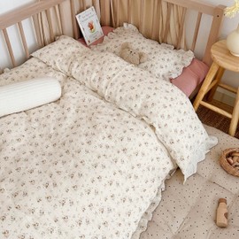 AOJIM Kids Crib Duvet Cover with Colorful Floral Print, 1pc Pure Cotton Baby Muslin Toddler Comforter Cover 47X59'', Ruffled Design Bedding 2-Layer Gauze for Boys Girls, No Quilt or Pillowcases